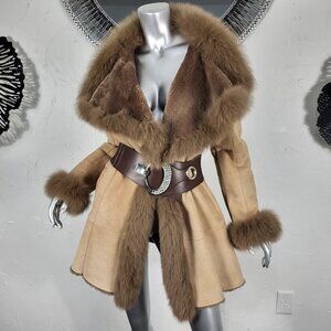 LUOLAIMA~S/M~BROWN GENUINE SHEARLING REAL FOX FUR SUEDE LEATHER COAT JACKET